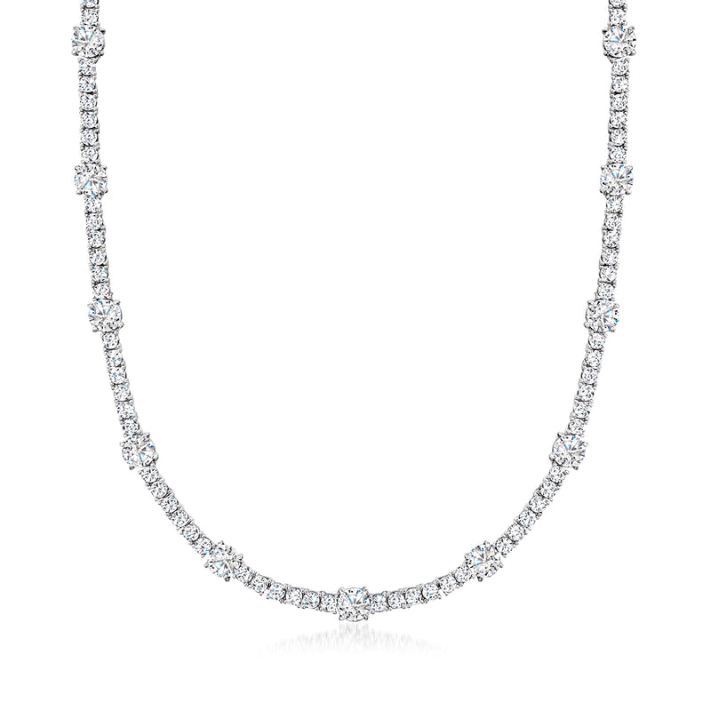 Sterling silver tennis station necklace with round CZ stone row and sparkle
