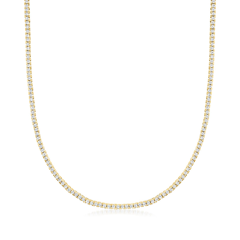 18k gold over sterling tennis necklace with round clear CZ stones in a continuous line