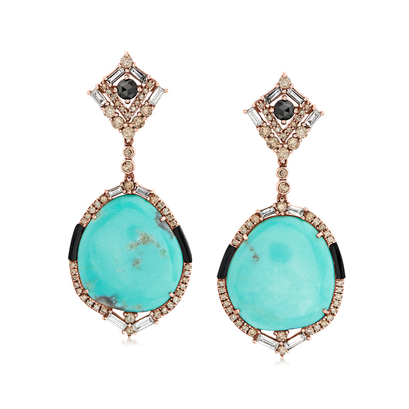 Rose gold drop earrings with turquoise teardrop stone, black center, diamond accents