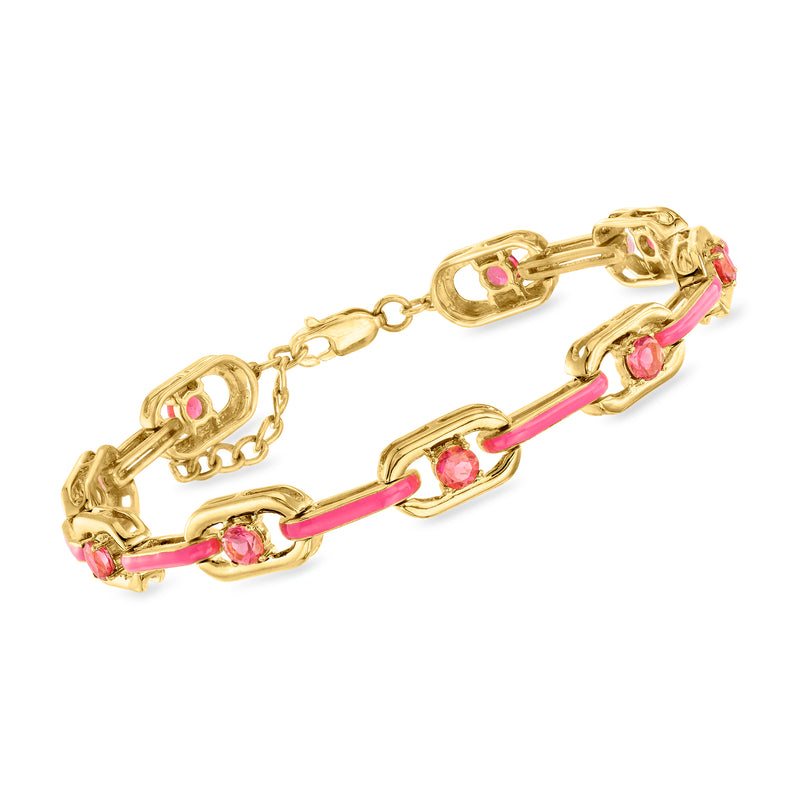 18kt gold over sterling link bracelet with pink enamel bars and pink gemstone accents