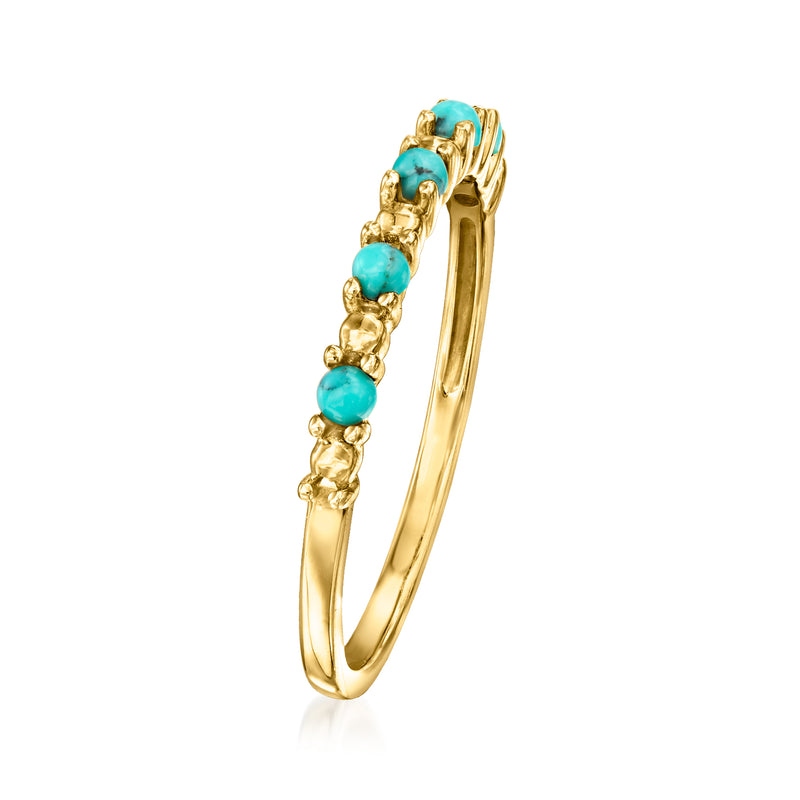 14kt yellow gold turquoise bead ring, slim band with bezel-set beads