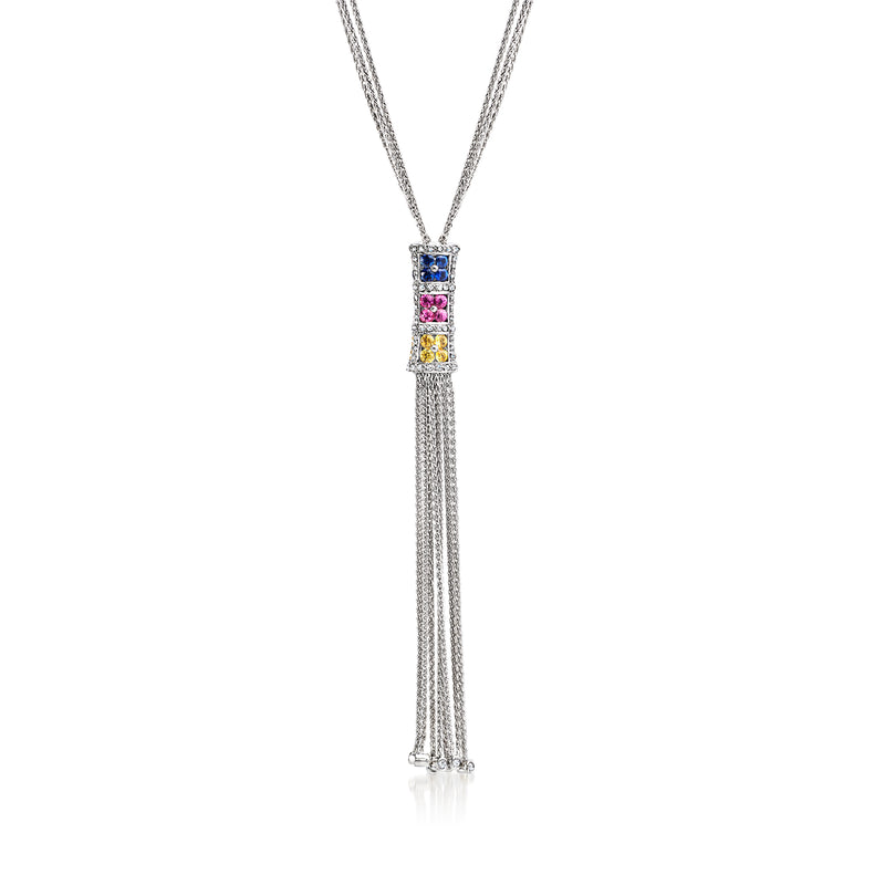 White gold tassel necklace with rectangular multicolored sapphire and diamond accents, pendant
