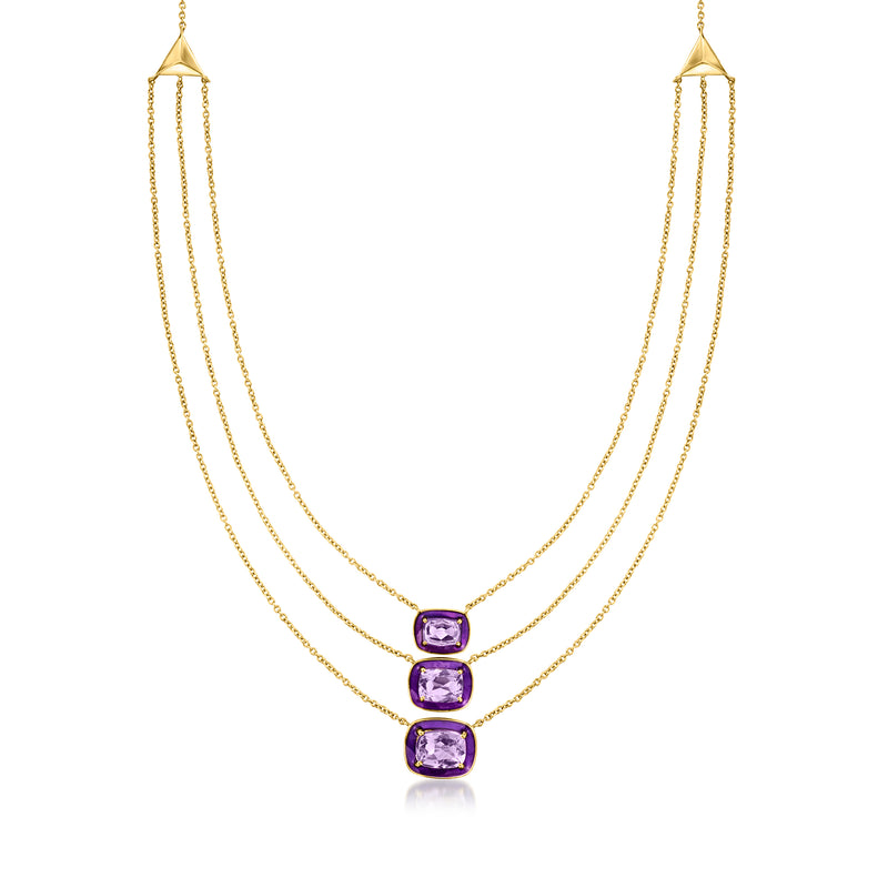 Layered gold over sterling amethyst three-stone necklace with three purple gems