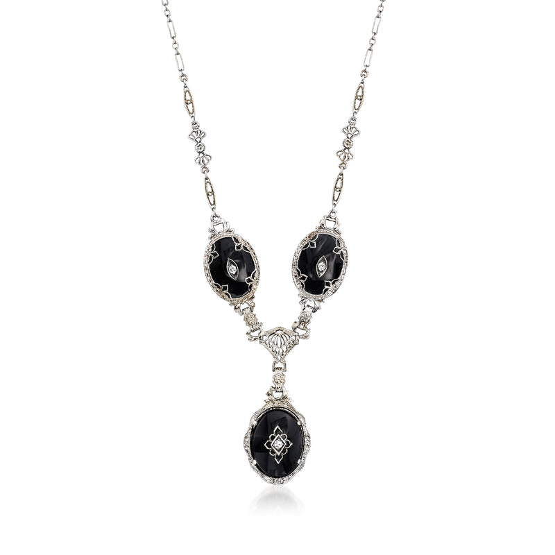 Fancy-link onyx and diamond necklace in 14kt white gold with three oval cabochons