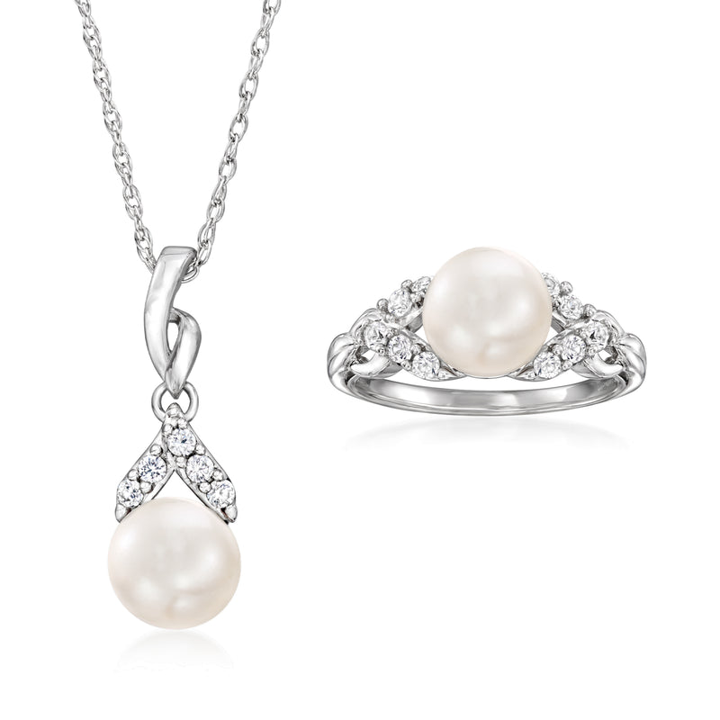 Sterling silver jewelry set with cultured pearl pendant and white topaz halo ring