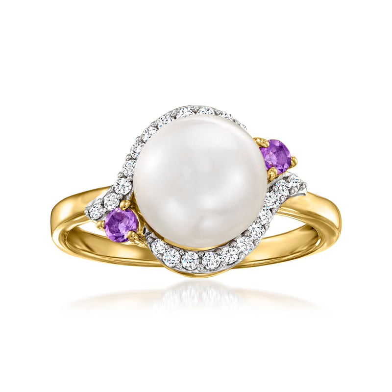 Gold over sterling ring with round white cultured pearl, amethyst accents, zircon halo