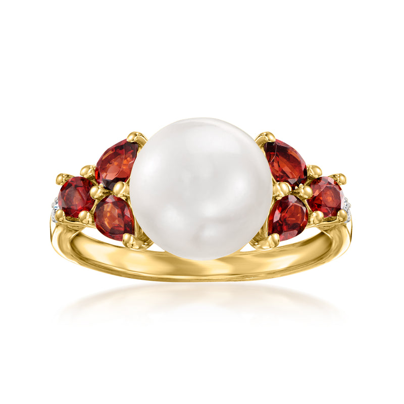 Cultured pearl and garnet accent ring in gold over sterling, raised red oval stones