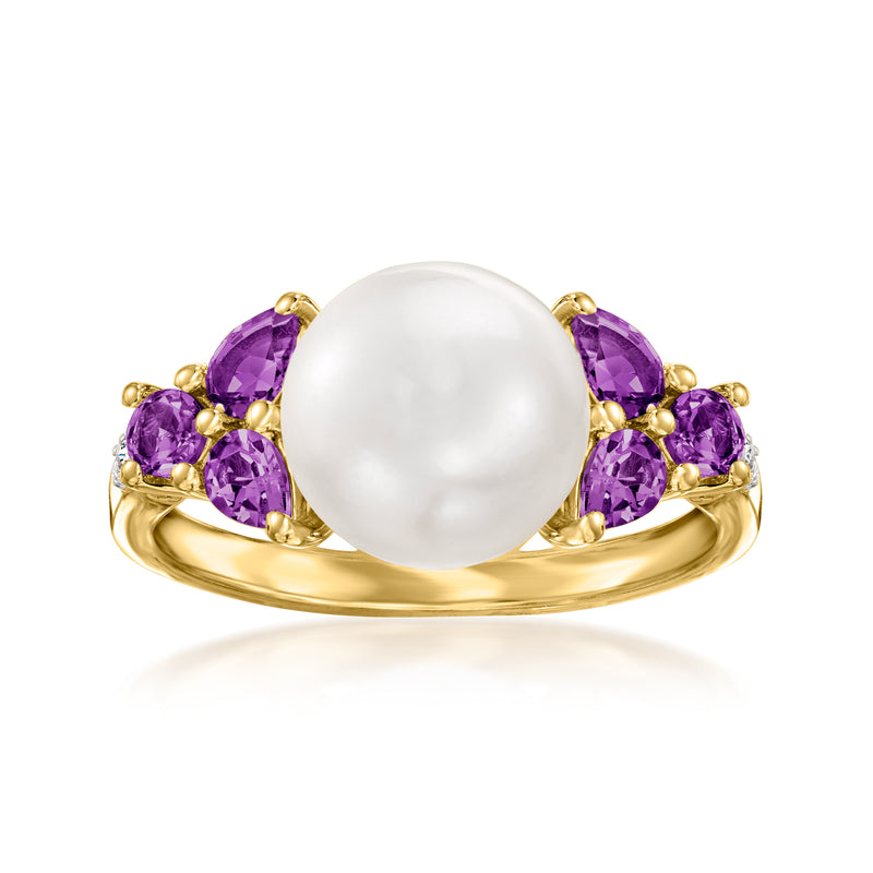 Cultured pearl and amethyst accent ring with round white pearl center in gold-tone setting