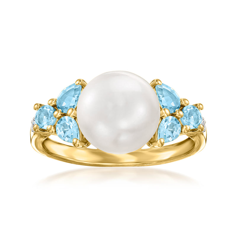Cultured pearl and sky blue topaz ring with gold over sterling band, round white pearl center