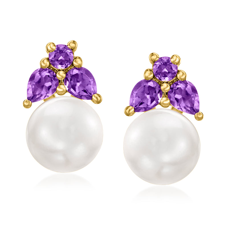 18kt gold over sterling amethyst cluster stud earrings with white cultured pearl drops