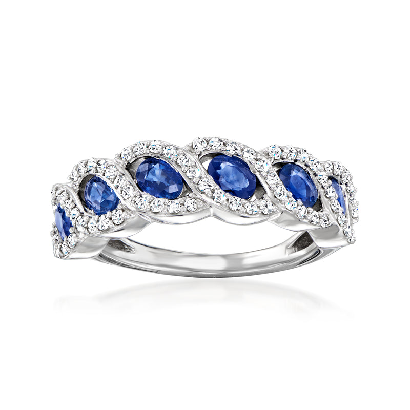 Sterling silver twisted ring with oval blue sapphires and diamond accents