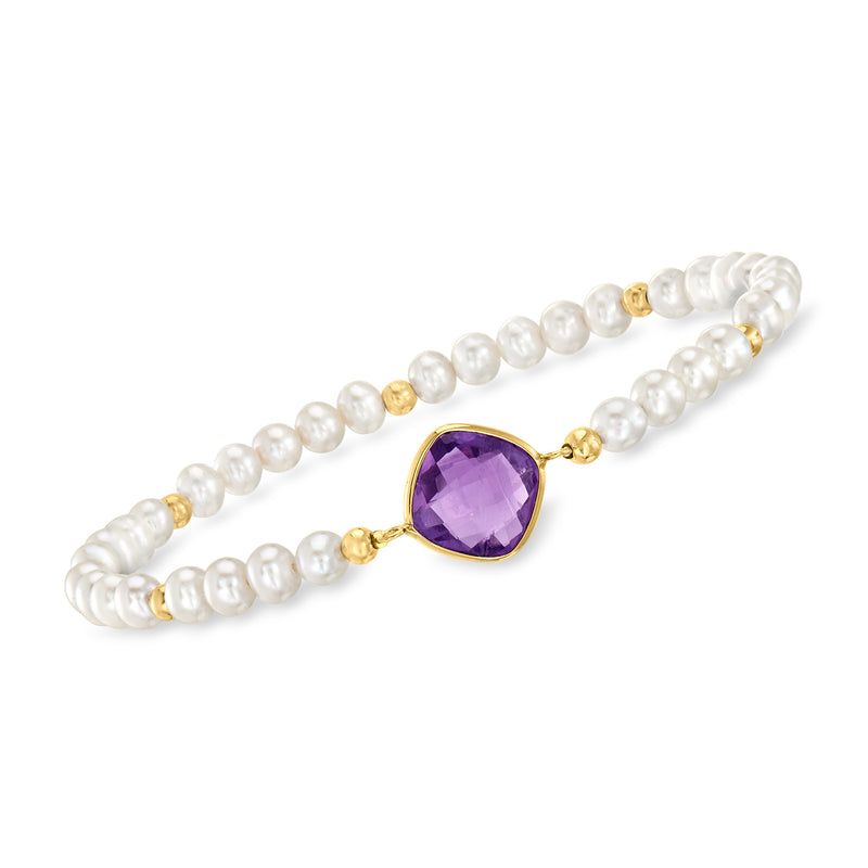 Cultured pearl stretch bracelet with 14kt yellow gold and purple amethyst centerpiece