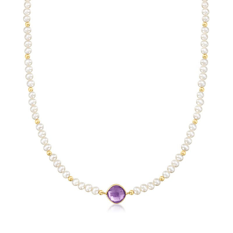 Cultured pearl necklace with amethyst center gemstone in yellow gold