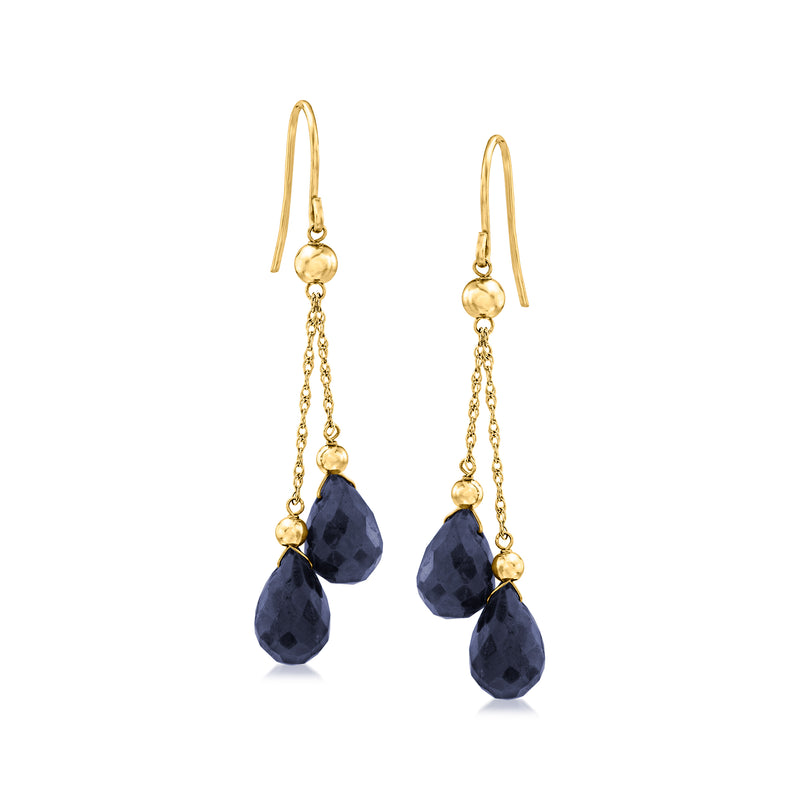 14kt yellow gold sapphire double-drop earrings with blue teardrop stones and chain drops