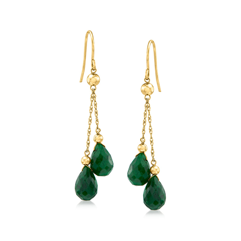Gold earwire double-drop earrings with faceted emerald-green teardrop stones and chain