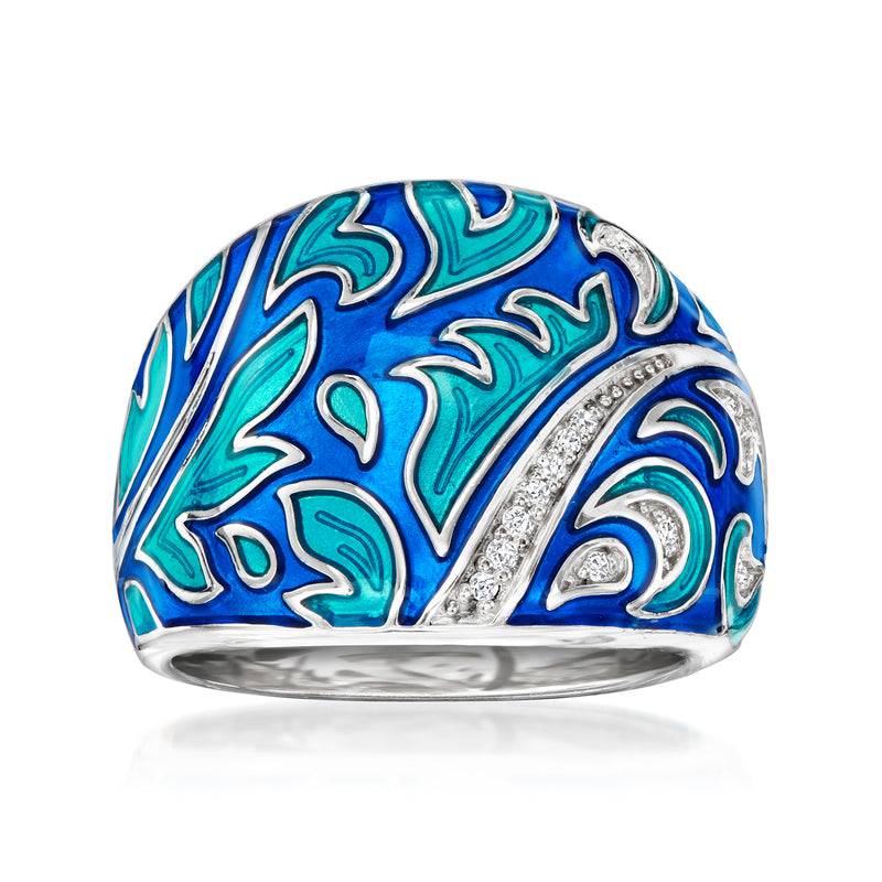 Sterling silver ring with blue and teal enamel swirl design and clear CZ band