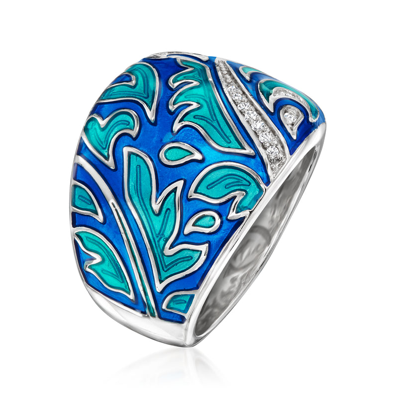 Sterling silver statement ring with multicolor blue/teal enamel and side CZ inset