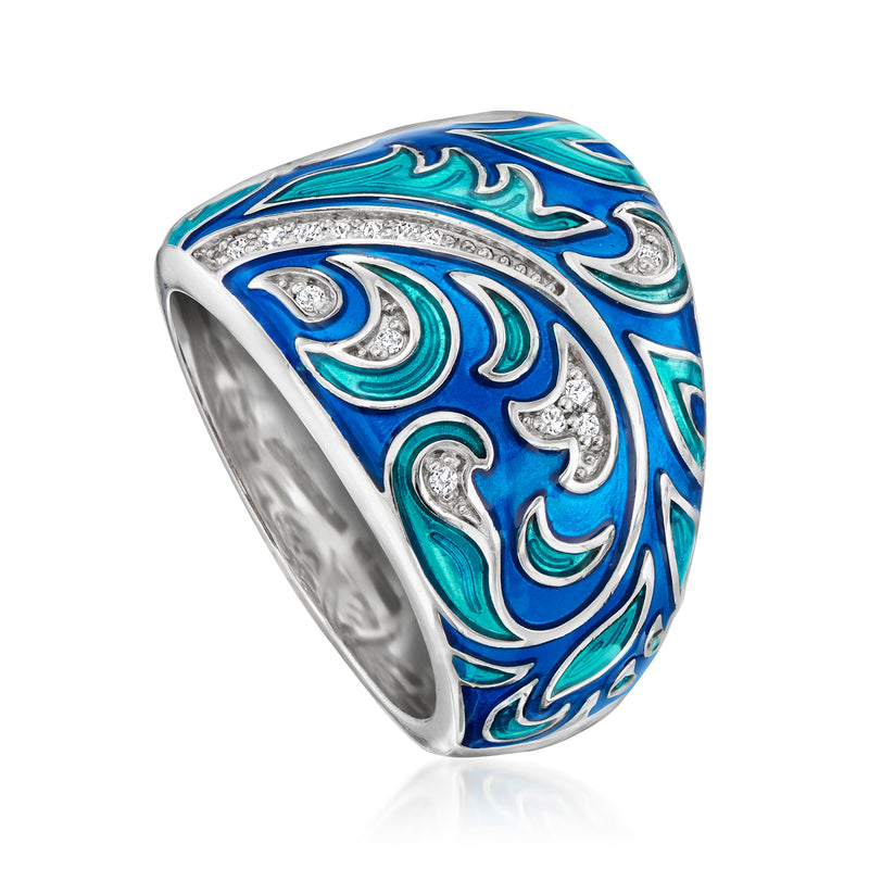 Sterling silver ring with blue and teal enamel floral pattern and clear CZ border