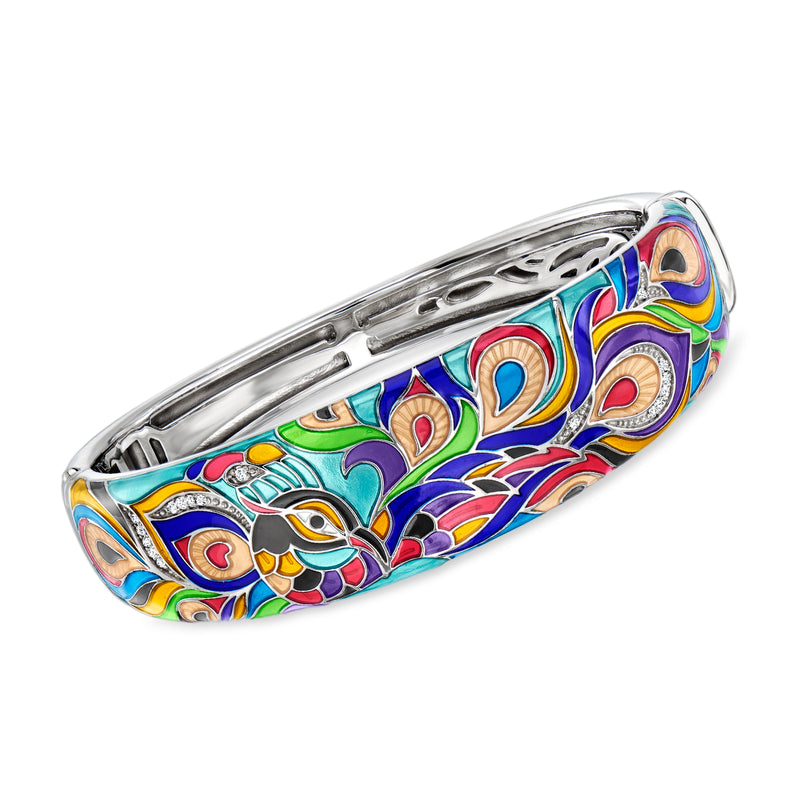 Sterling silver enamel bangle bracelet with multicolored floral bird pattern