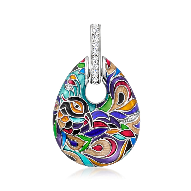 Sterling silver enamel pendant with multicolor teardrop mosaic and crystal accents