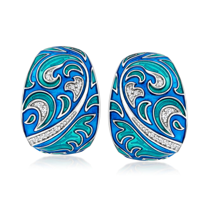 Sterling silver hoop earrings with blue and turquoise enamel swirl and CZ accents