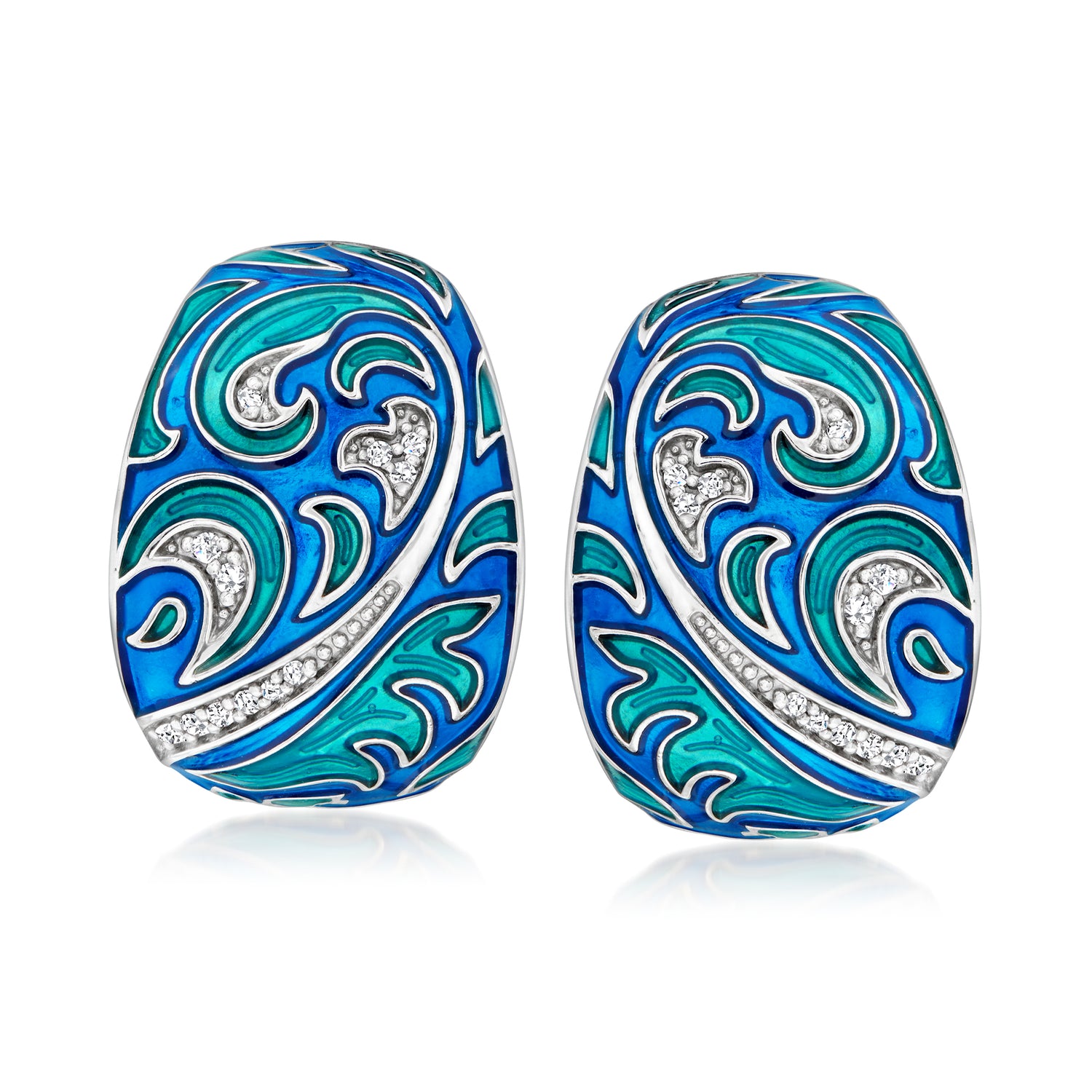 Belle Etoile "Fernhaven" .10 ct. t.w. CZ and Multicolored Blue Enamel Hoop Drop Earrings in Sterling Silver