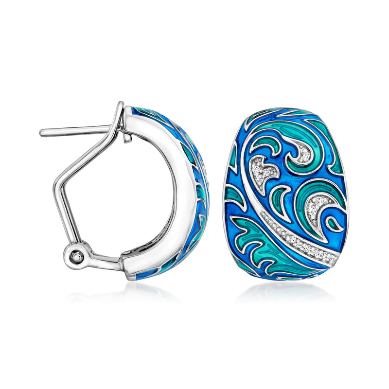 Sterling silver hinged hoop earrings with blue and turquoise enamel swirl and CZ border