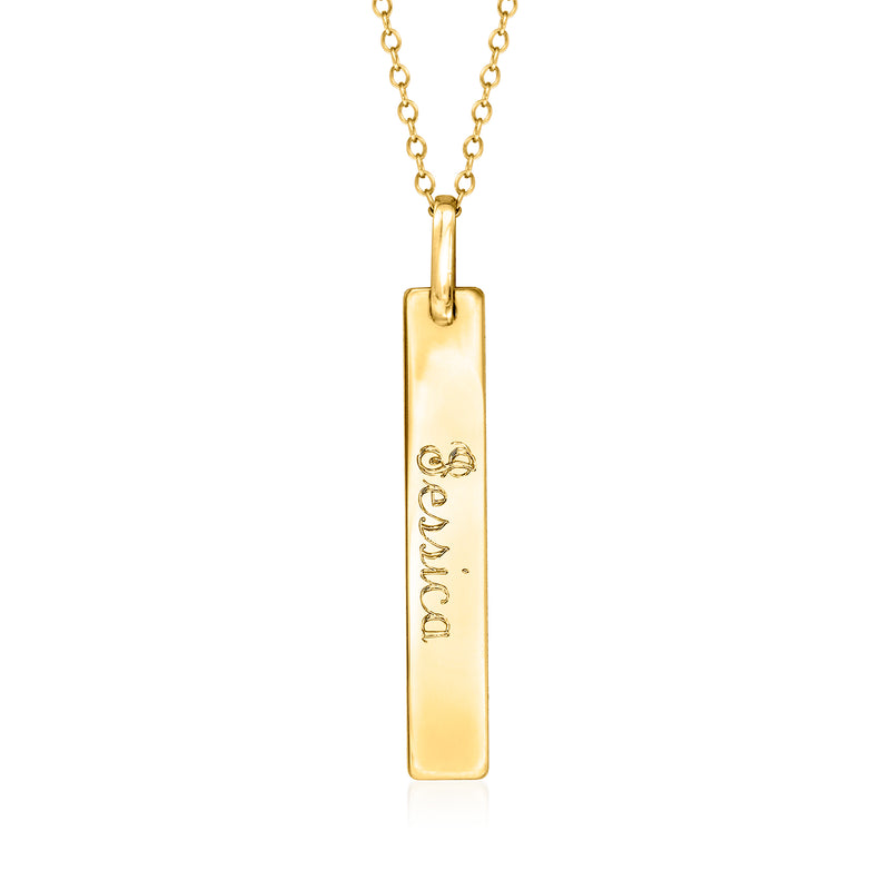 14kt yellow gold engraved bar pendant necklace with personalized cursive text