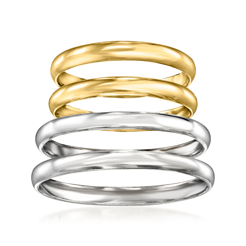 Four-ring jewelry set with two yellow gold and two silver polished stacked bands