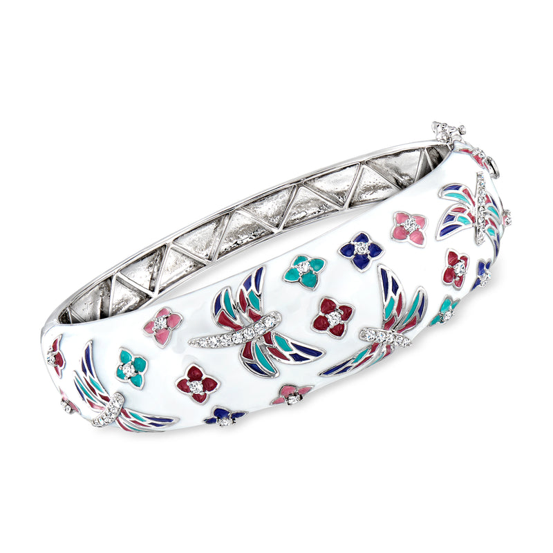 Sterling silver bangle bracelet with white zircon, multicolored enamel butterfly and floral motifs