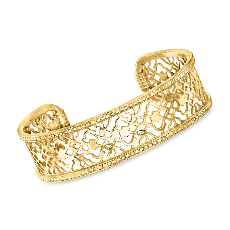Gold over sterling openwork lace cuff bracelet, curved bangle with lattice pattern