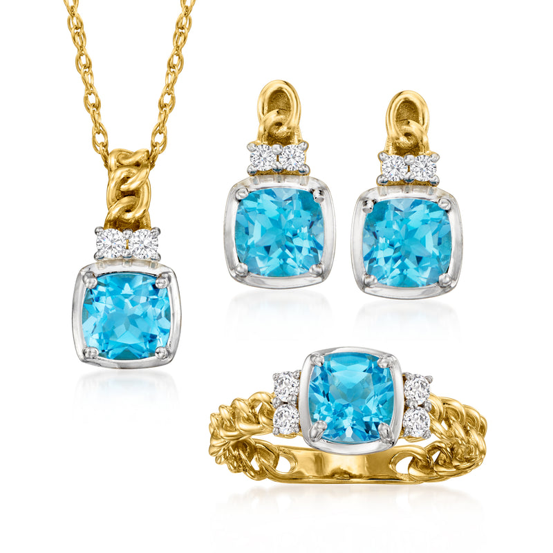 18kt gold-tone topaz jewelry set: blue pendant necklace, earrings, and ring