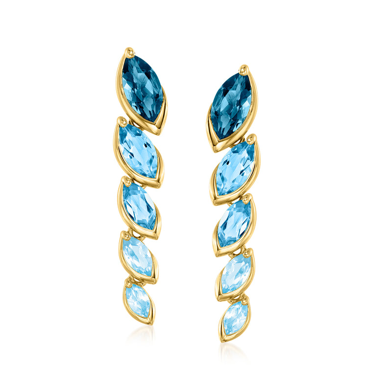 Gold-tone drop earrings with five blue teardrop gemstones and hinged posts