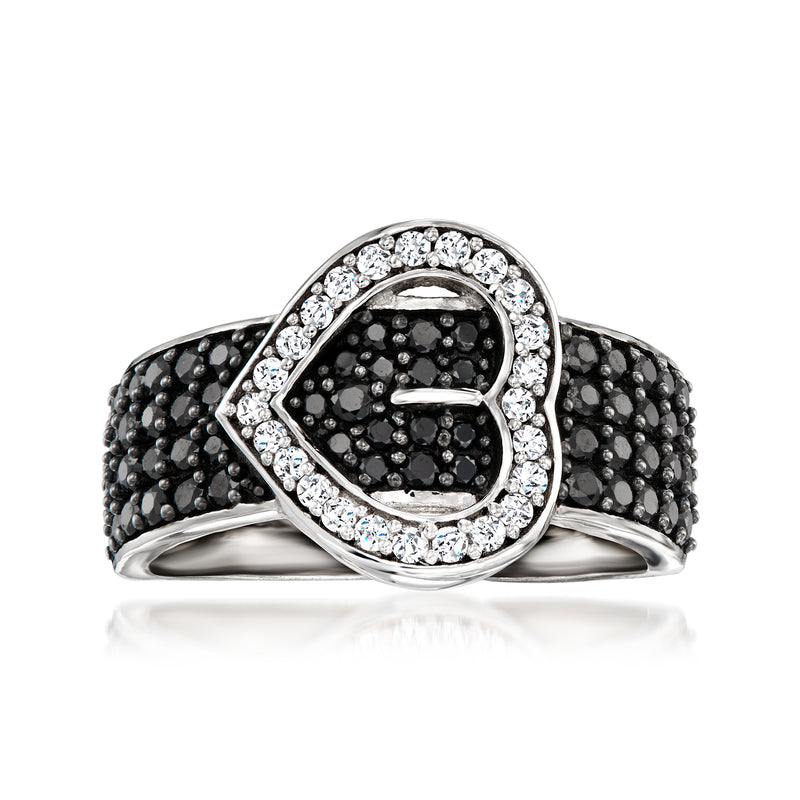 Sterling silver heart buckle ring with black spinel and white zircon accents