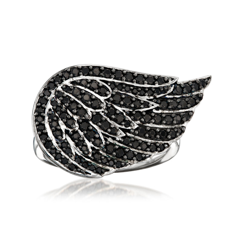 Sterling silver angel wing ring with black spinel accents, oval black-toned design