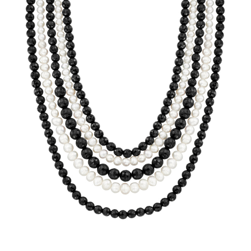 Multi-strand cultured pearl and black agate bead necklace with layered bead strands