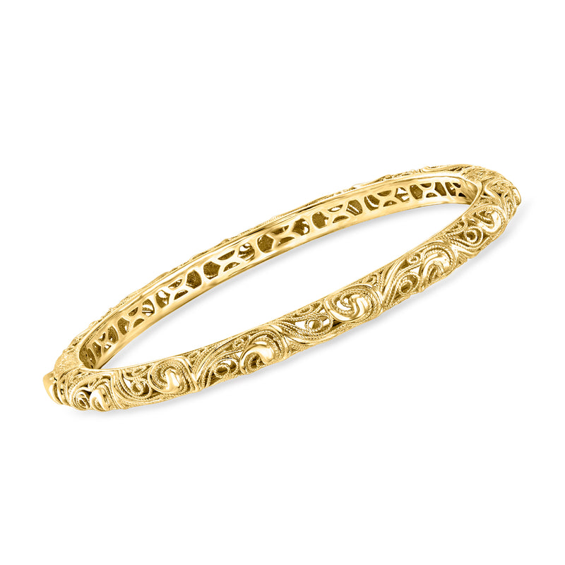 18kt gold over sterling swirled filigree bangle bracelet with lattice cutouts