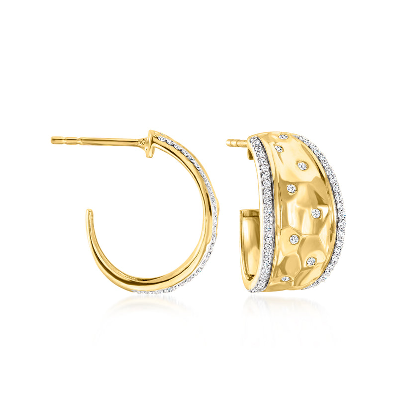 Gold over sterling hoop earrings with scattered round diamonds, hinged C-hoop design