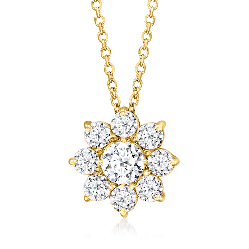 14kt yellow gold diamond flower pendant necklace, round stone cluster