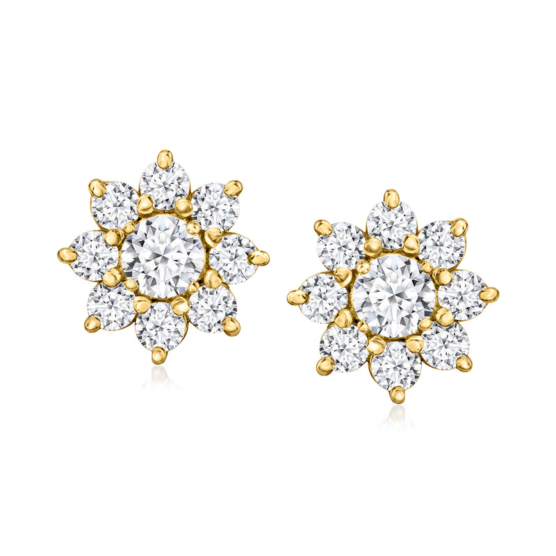 14kt yellow gold flower stud earrings with round diamond clusters, post backs