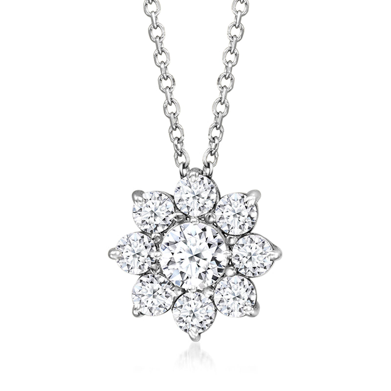 14kt white gold diamond flower pendant necklace with round lab-grown stones