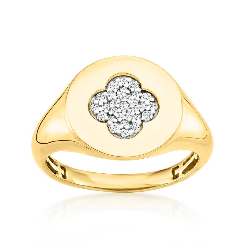 Gold over sterling clover signet ring with round diamond cluster top