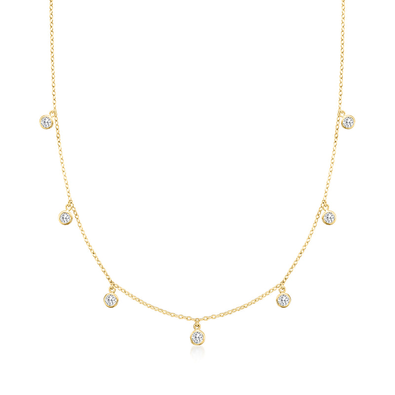 14kt yellow gold diamond station necklace with five round bezel-set stones