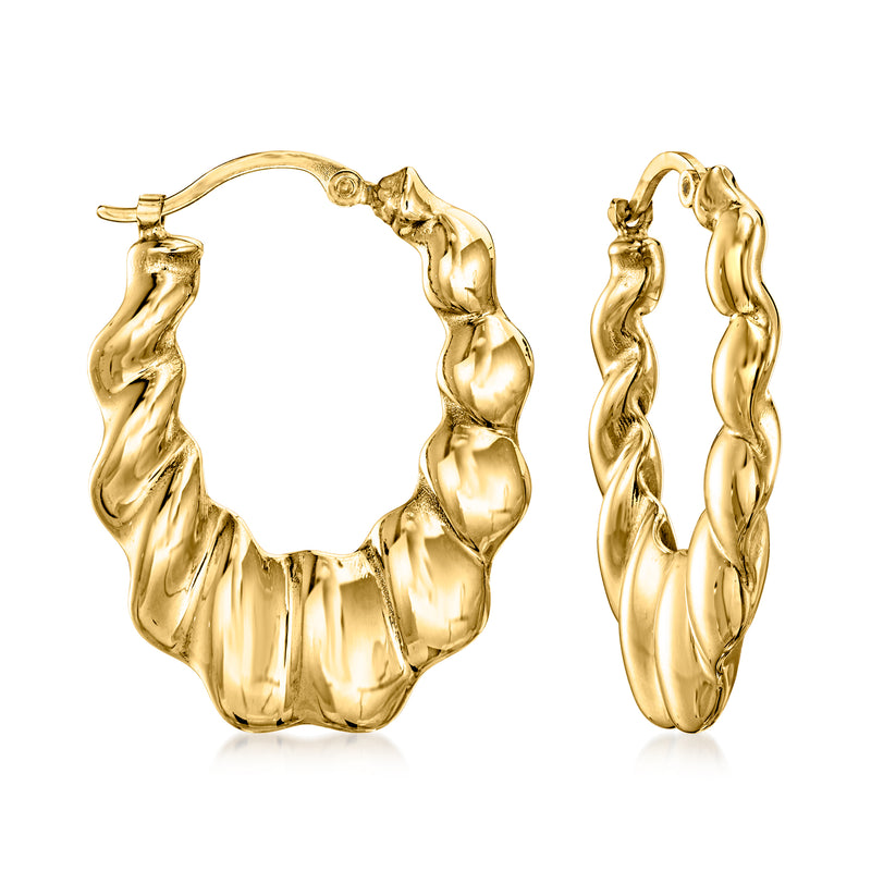 14k yellow gold wavy hoop earrings with textured wave pattern, hinged closure