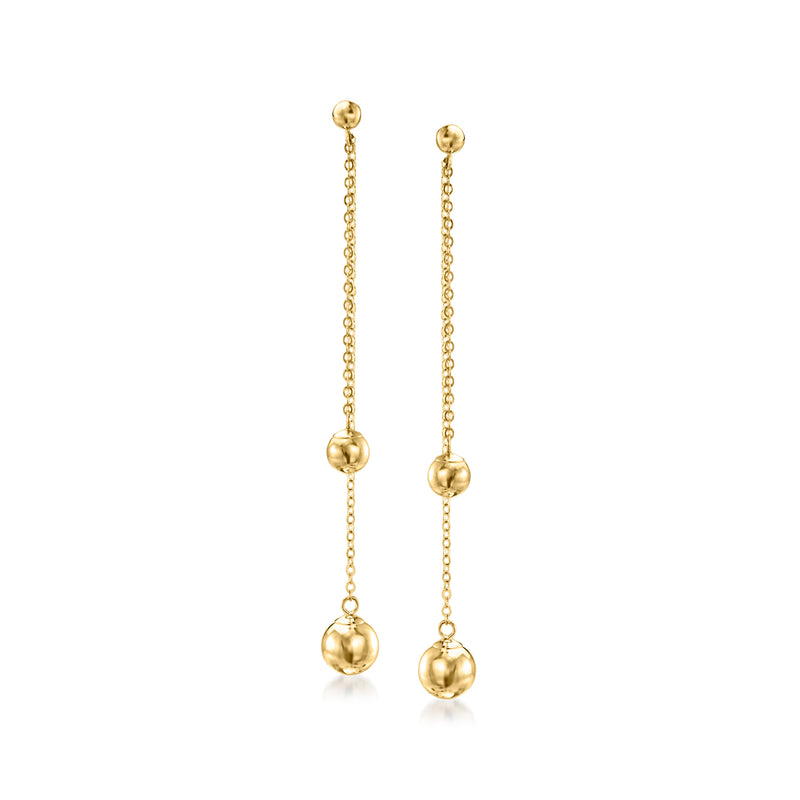 14kt yellow gold bead and cable-chain drop earrings, three round beads on each
