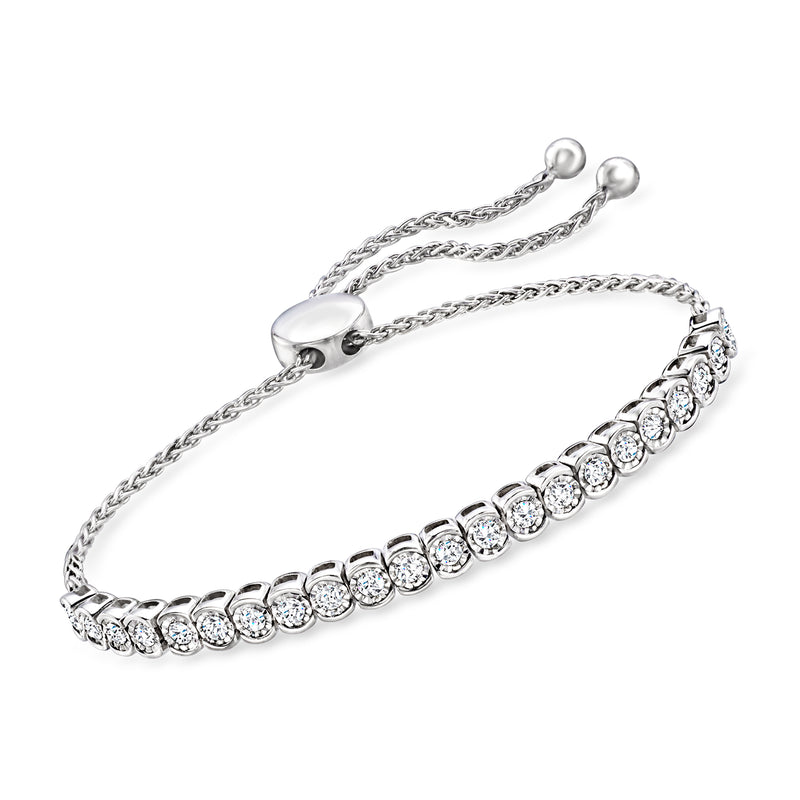 Sterling silver diamond bolo bracelet with row of round-cut stones and chain cord ends