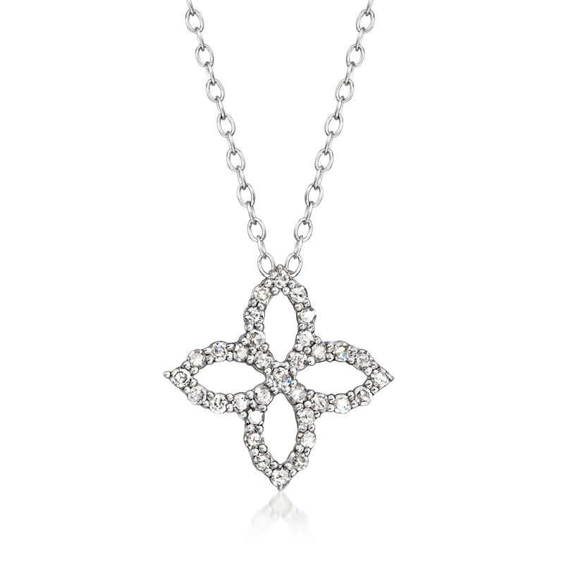 Sterling silver diamond flower necklace with four-petal pendant and oval center