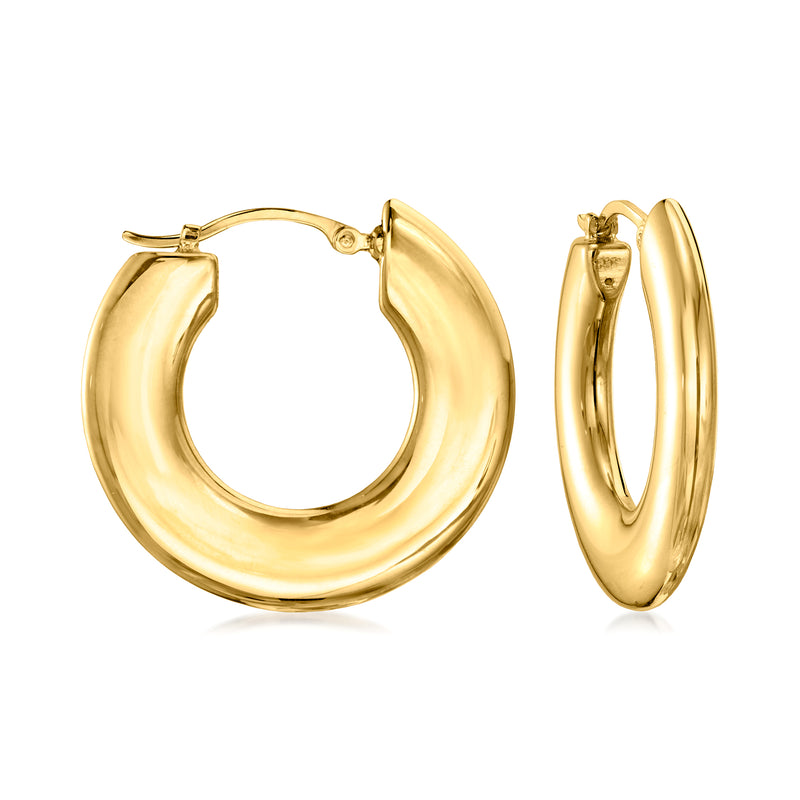 14kt yellow gold flat-edge hoop earrings with hinged clasp, polished