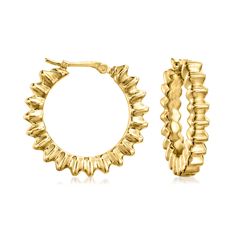 Ribbed 14kt yellow gold hoop earrings, hinged clasp, textured hoop profile