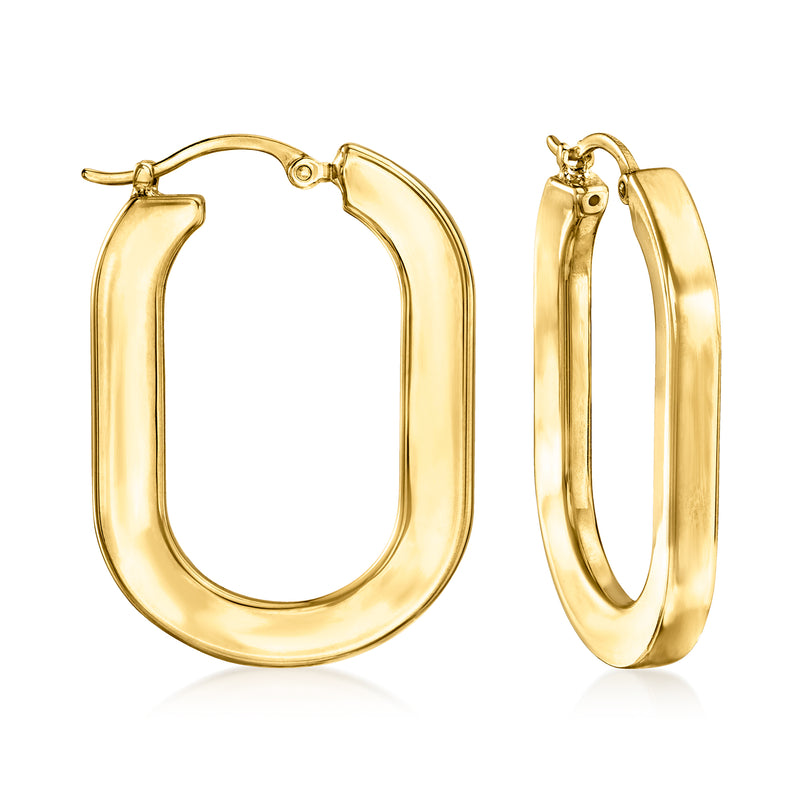 14kt yellow gold oval hoop earrings with hinged clasp and polished shine